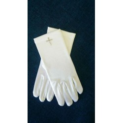 White Communion Gloves - Rhinestone Cross